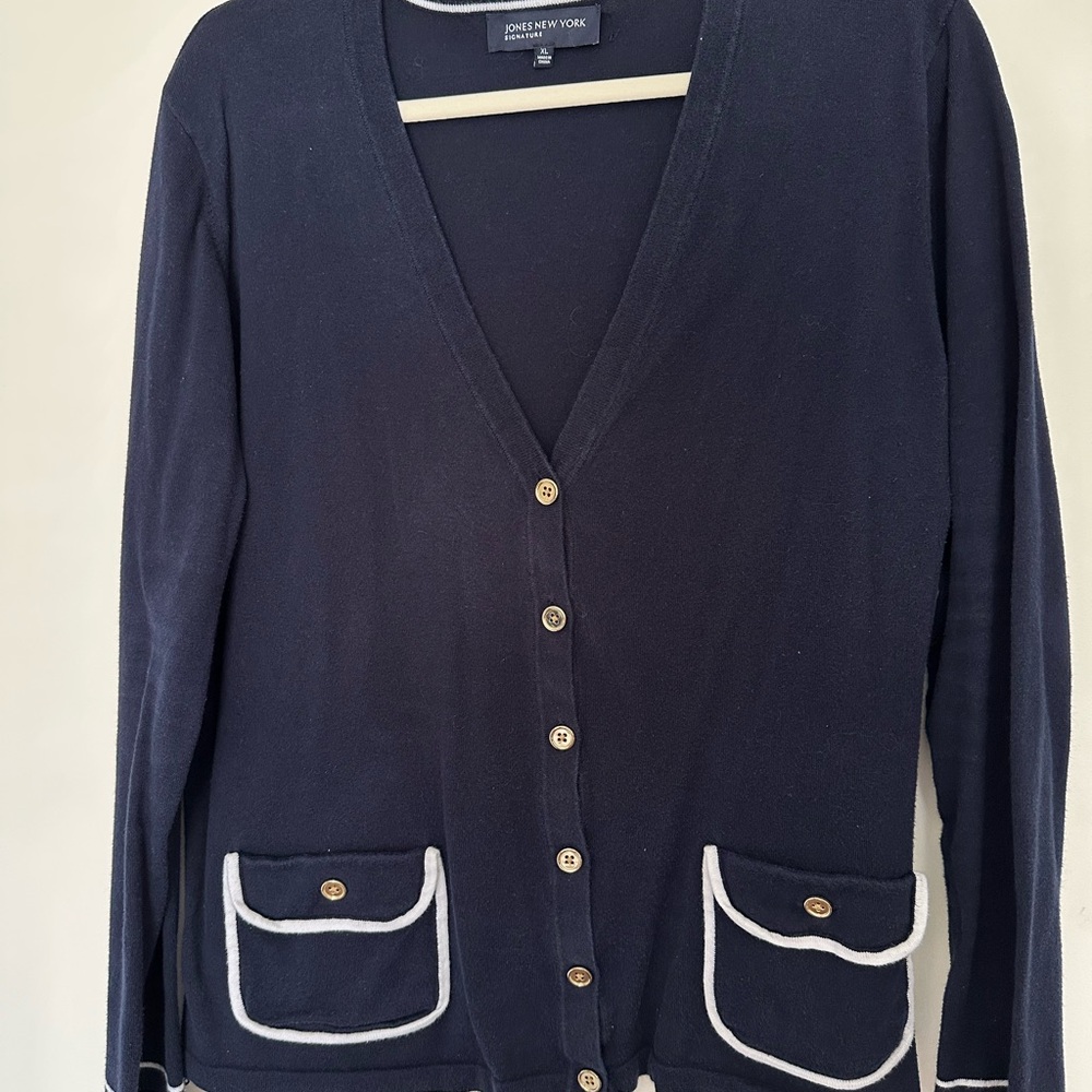 Jones New York Women's Navy Cardigan with White Trim